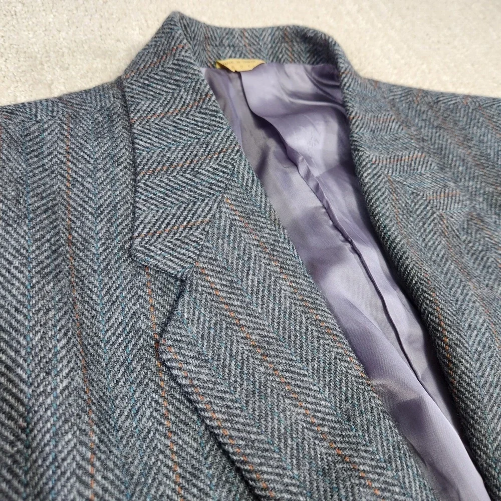 Vintage Herringbone Tweed Blazer Men 44L Leather Button Gray Wool‎ Sport Coat